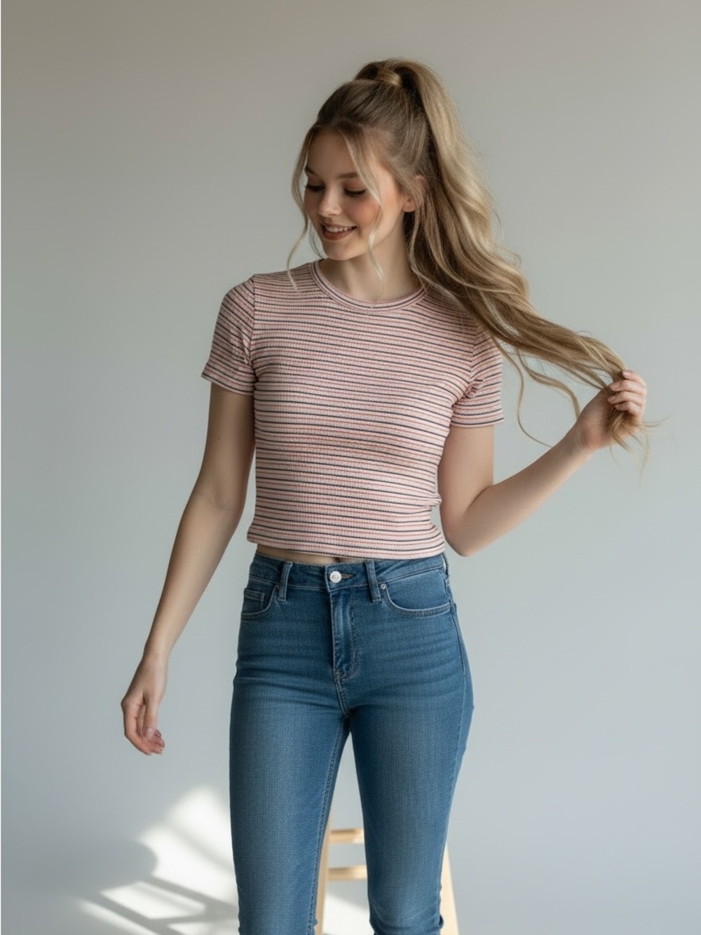 Fabletics Pink Ribbed Crewneck Tee with Red and White Stripes XS. Never Worn!!